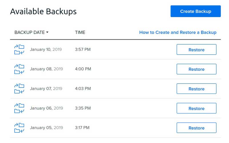 DreamPress WordPress Backup Interface