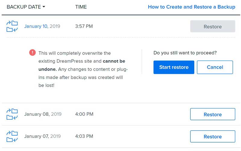 DreamPress WordPress Backup Interface