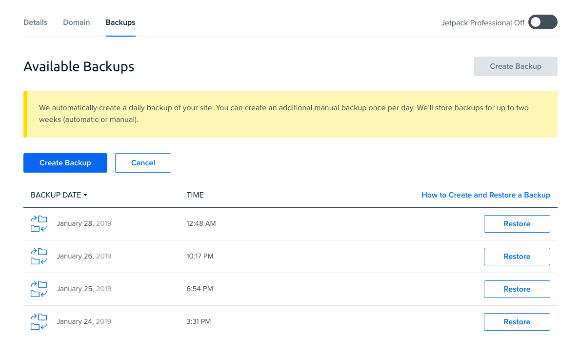 DreamPress WordPress Backup Interface