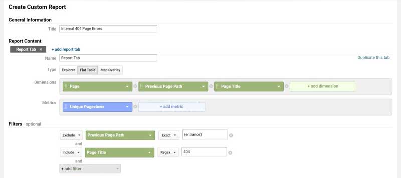 Google Analytics 404 custom report
