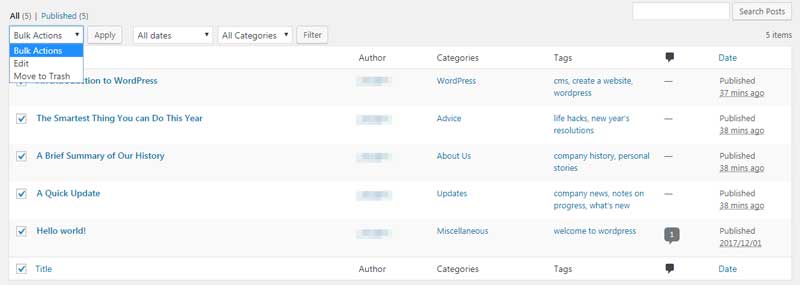 Bulk post actions menu