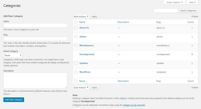 WordPress Categories Section
