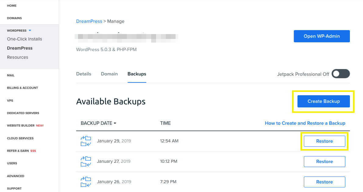 DreamPress’ Backup Management screen.