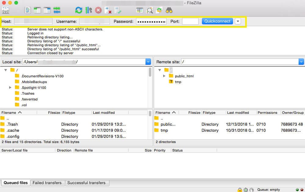 The main FileZilla screen.