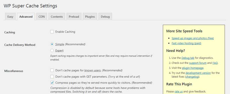 WP Super Cache Settings