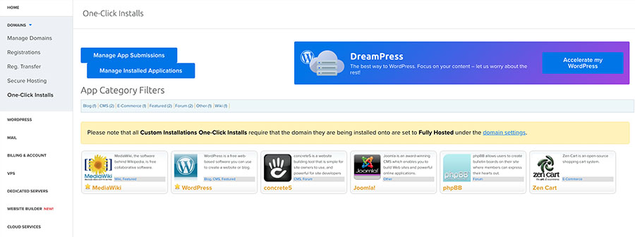 1 Click Installs make setuping WordPress easy.