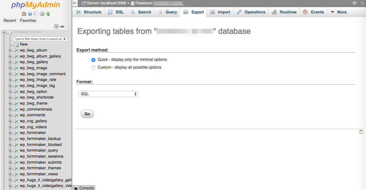 The phpMyAdmin screen.