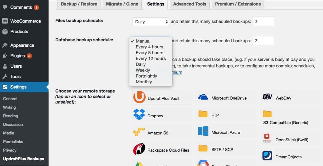 UpdraftPlus’ Settings screen.