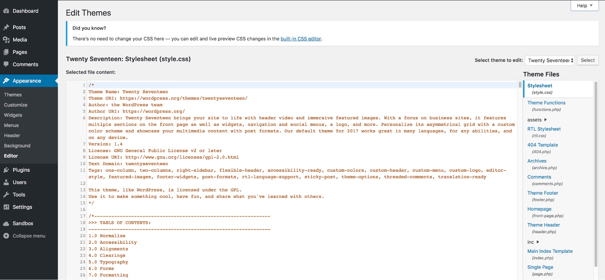 WordPress Appearance Editor