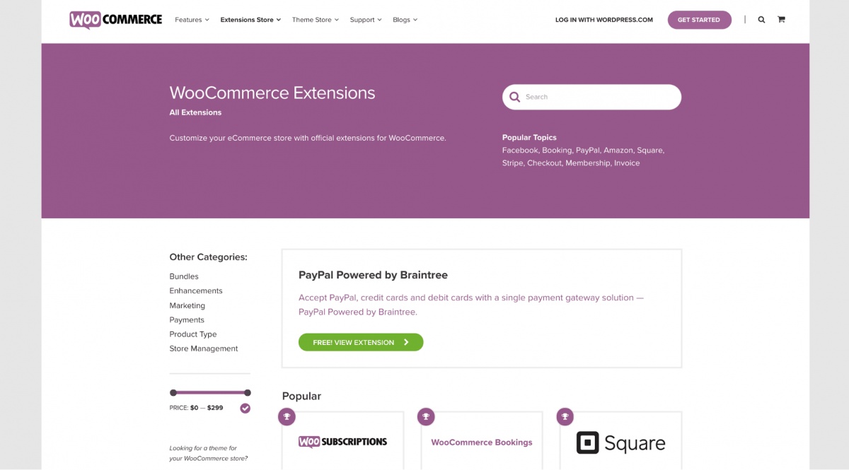 WooCommerce extensions page WooCommerce extensions page